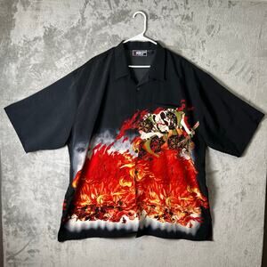 SouthPole Black Button Up Shirt Flame Samurai Graphic Y2K Streetwear Mens XXL